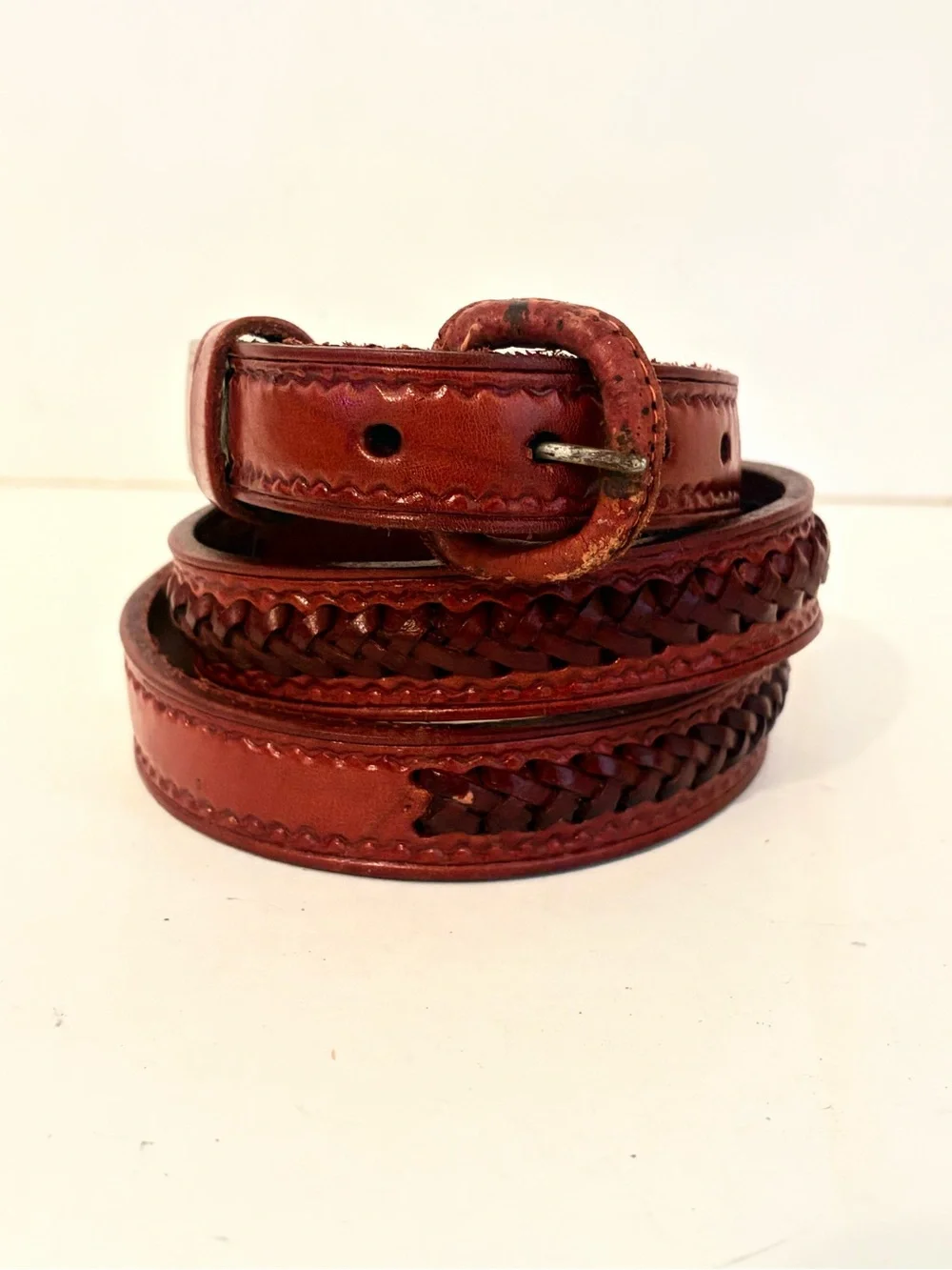 Brown Leather Braided Inset & Tooled Border Belt